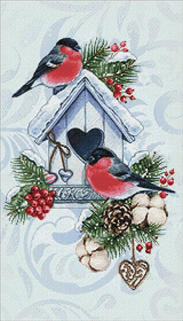 Winter Bullfinches diamond painting kit with tools and pre-sorted acrylic diamonds, showcasing vibrant colors and detailed design.